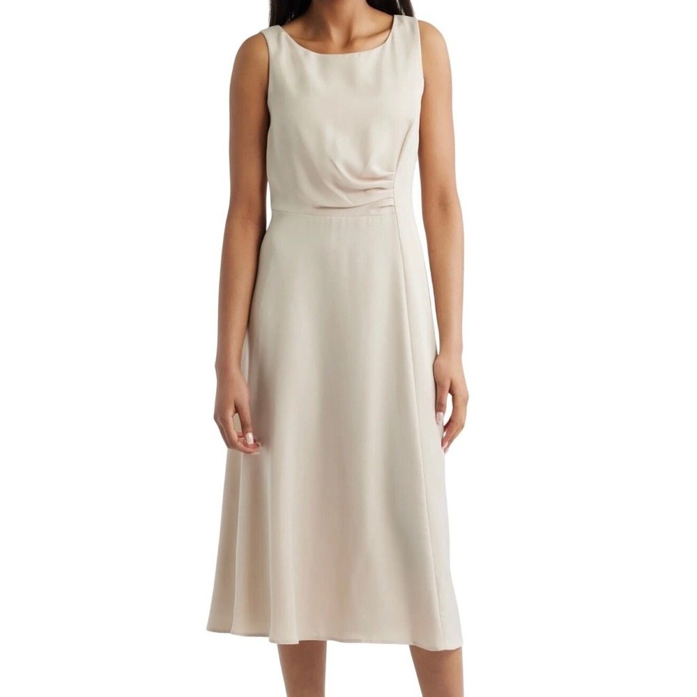 NWT Connected Apparel Champagne Ruched Sleeveless Satin Midi Dress Womens Sz 8